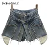 Twotwinstyle falska två denim kort för kvinnor hög midja patchwork rivet casual shorts kvinnliga mode kläder sommar 210724