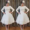 2022 плюс размер короткие свадебные платья винтажные стиль совок шейный чехол A-Line 3/4 длинные рукава длина чая кружева свадебные платья Vestidos de Noiva W600