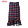 Tangada femmes plaid jupe midi faldas mujer vintage boutons latéraux bureau dames élégant chic mi-mollet jupes SL112 210310