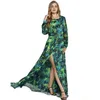 Женщины -пружины одеваются длинное шифоновое платье глубокое v Nece Printed Summer Dress Long Lantern Fare Party Vintage Green платья 210303