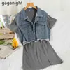 Retro Denim Blue Jeans Waistcoat+Basic Cotton Casual Mini Short Dresses Suits Elegant 2 Pcs Outfits Women Set 210601