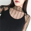 Mesh Bottoming Shirt Womens Spring Basic See Through Tops Out Lace Snowflake Stripes Glitter Pullover Mock Neck Slim Long 20220225 Q2