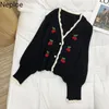 Kadın Knits Tees Naploe Chic Kiraz Kazak Ceket Tatlı Vintage Örme Kırpılmış Hırka Sonbahar Giysileri V Yaka Gevşek Kore Sueter Üstleri F