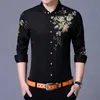 Marque Vin Rouge Hommes Robe Chemises Mode Golden Rose Fleur Imprimer Bouton Chemise Hommes Slim Fit À Manches Longues Chemise Homme 210721