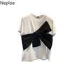 Neploe Bow-Knot Colore a contrasto T-shirt da donna Dolce O Collo Manica corta da donna T-shirt Moda donna in cotone coreano Top A10057 210315