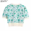 ZEVITY Dames Mode V-hals Bloemenprint Jacquard Korte Gebreide Sweater Vrouwelijke Chic Puff Sleeve Vesten Crop Tops SW837 210918