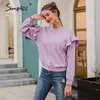 Simplee Drop-épaule manches sweat-shirt à volants femmes Casual lâche rose pull automne court pull à col rond pour femme 201028