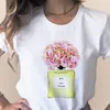 Vestiti da donna Stampa Flower Tee Bottiglia di profumo Dolce manica corta Camicia stampata T T-shirt femminile Top Donna casual