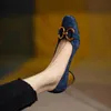 Sapatos de vestido quadrado dedo do pé médio saltos mulheres bombas para o trabalho decoração de metal alta barco shos diariamente 2022 outono fasion blue