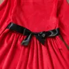 Noël 2021 2 pièces nouveau bébé fille robe + chapeau à manches longues col rond ceinture décoration peluche moelleux vêtements rouge 1-6 ans G1026