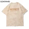 Gonthwid TeesシャツHarajuku刺繍レタータイ染料カジュアルコットンTシャツストリートウェアヒップホップファッションルーズ半袖トップス210629