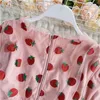 Shining Pink Strawberry Mesh Sexy V Neck Blouses Woman New Summer Puff Sleeve Blusa Shirts Casual Sweet Tops Female 210412