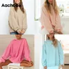 Aachoae Casual Solid Pullover Hoodies Sweatshirts Women Batwing Long Sleeve Loose Base Tops Lady Office Wear Hooded Hoodie 201204