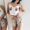 Evre Animal Cartoon Print Lovely Sleepwear Home Garnitur Summer V Neck Sexy Pajama Spaghetti Pasek Loose Satin Pijamas 210809