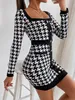 Petite Houndstooth Square Neck Fake Knapp Bodycon Dress Hon