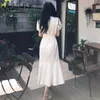 Yitimuceng Creamy White Dress Women Bandage Button Up Midi Trumpet Dresses Puff Sleeve High Waist Summer Korean Fashion 210601