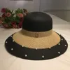 Vintage zwarte parelhoed voor dame mode zomer stro gebreide hoeden outdoor strand zonnebrandcrèse opvouwbare caps