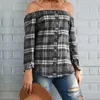 Vrouwen Plaid Shirt Sexy Off Schouder Lange Mouw Tops Shirt Slash Neck Office Dames Blouses Casual Losse Shirts Blusas Femininos 210308