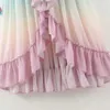 Vintage chic gradient färg tofs lace-up manschett maxi chiffong klänning kvinnor mode knäppas upp ruffles pläterade klänningar 210531