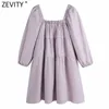 ZEVITY Women French Style Solor Elastic Pleat Straight Mini Dress Ladies Puff Sleeve Vestido Chic Casual Dresses DS8325 210603