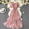 Verão Bohemian Férias Chiffon Vestido Longo Mulheres Preto / Azul / Rosa / Bege Plissado Vestidos Feminino Ruffle Robe 2021 Nova Moda Y0603