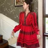 Automne col en v dentelle robe pour femme fête de noël manches bouffantes rouge décontracté mode mini auto robe femme vestido 210603