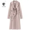 FANSILANEN, gabardina larga de gran tamaño negra para mujer, chaqueta cortavientos elegante con cinturón rosa para oficina para mujer, moda femenina primavera 210607