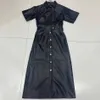 Automne femmes Pu cuir a-ligne robe revers manches simple boutonnage rétro noir célébrité fête Midi Vestidos 210527