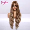 Long Water Wavy Golden Brown Blonde highlight Synthetic with Bangs Wigs For Women Cosplay Heat Resistant Fiber