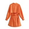 Mulher casual laranja magro oco out camisa vestido mola lacing v pescoço praia vestidos curtos meninas y2k alta cintura vestidos 210730