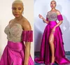 Fuchsia Sparkly Crystal Avond Formele Jurken Off Shoulder Plus Size Arabisch ASO EBI African High Slit Prom Reception Town Vestido de Fiesta