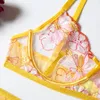 Bras Sets Erotic Lingerie Sexy Embroidery Lace Underwear Set Women Bra And Thong Garters Yellow Push Up Brief Women's2558