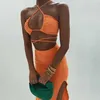 Sexig Streetwear Neon Orange Två Pieces Kjol Satser Kvinnor Tracksuit Fashion Halter Bandage Toppar och långa kjolar matchande set kostymer 210625