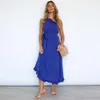 Çapraz Yaka Katı Renk Seksi Fırfır Kolsuz Elbise Kadın Bandaj Kıvrımlar Zarif Mizaç Partisi Rahat Artı Boyutu Elbiseler 210608
