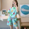 Pijama Set for Women Summer Sleepwear Suits with Sleep Tops and Shorts Round Neck Geometric Cute Lounge Wear 210809