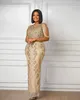 2021 Plus Size Árabe Aso Ebi Gold Vestidos de Baile Luxuosos com Lantejoulas Cristais Frisados Decote Transparente Noite Festa Formal Vestidos de Segunda Recepção Vestido ZJ554