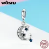 Wostu 100% 925 Sterling Silver Starry Sky Moon Stars Dangles Charm Fit Bead Armband Hängsmycke Halsband DIY Smycken Gift FIC639 Q0531