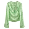 Знаменитая новая сексуальная грудная кость полый скрученный плиссированный цветочный принт зеленый развлекательный рукав верхние пуловер женские повседневные B723 210306