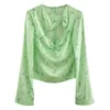 Famoso Nuevo Sexy Pecho Hueco Torcido Plisado Estampado floral Verde Manga acampanada Top Pullover Mujeres Casual B723 210306