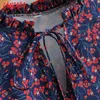 Tangada Kadınlar Donanma Çiçekler Baskı Gevşek Elbise Ruffles Yay Uzun Kollu Yüksek Sokak Bayanlar Vintage Midi Elbise SY56 210609