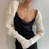 Kvinnors Tröjor Vit Kvinnor Tröja Shrugs Beskuren Top Full Lantern Sleeve Knitwear Pullover Sexig Sommar High Street Outwear 2022 Vår
