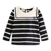 Spring Autumn Fashion 2 3 -10 Years Child White Blue Striped Bow Navy Style Cotton Long Sleeve T-Shirts For Kids Baby Girls 210701