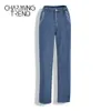 CharmingTrend dames geborduurde jeans chic middale pocket pocket casual denim broek rechte meisje jeans broek blauw 210302