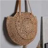 Ladies Fashion Straw Round Beach Tote Shoulder Handmade Vintage Buckle Rattan Shopping Purse Circle Bags