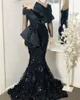 Black Designer Evening Dresses Mermaid Luxury Beaded 3D Floral Applique Crystals Off the Shoulder Custom Made Big Bow Satin Prom Party Gown