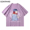 Gonthwid Camisetas Harajuku Anime Menina dos desenhos animados Impressão de manga curta Streetwear Tees Camisetas Hip Hop Casual Algodão Camisetas Mens Tops C0315