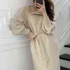 Women Casual Turtleneck Warm Knitted Sweater Dress Female Elegant Solid Lace-Up Dress Knitted Ladies Fashion Autumn Winter Dress G1214
