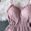Casual jurken fmfssom tule v-neck sexy lovertjes vrouw roze feestjurk 2022 zomer vrouwen mesh patchwork zwart