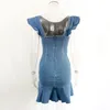 Gacvga Ruffles denim klänning hög midja vintage kvinnor sommar jeans bodycon klänning sexiga damer mini party klänningar vestidos x0521