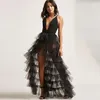 Fashion Black Tiered Tulle Skirt Tutu Long Sheer Women Overskirt High Waist Ruffled Mesh Maxi Skirt Detachable Overlay Cheap 210309